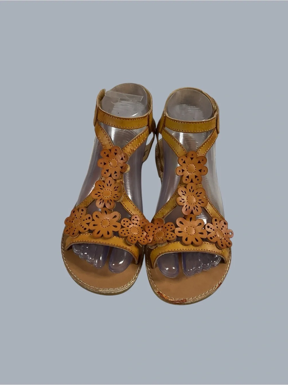 Rachel Shoes Big Girls Tan Floral T-Strap Leather Sandals Size 4